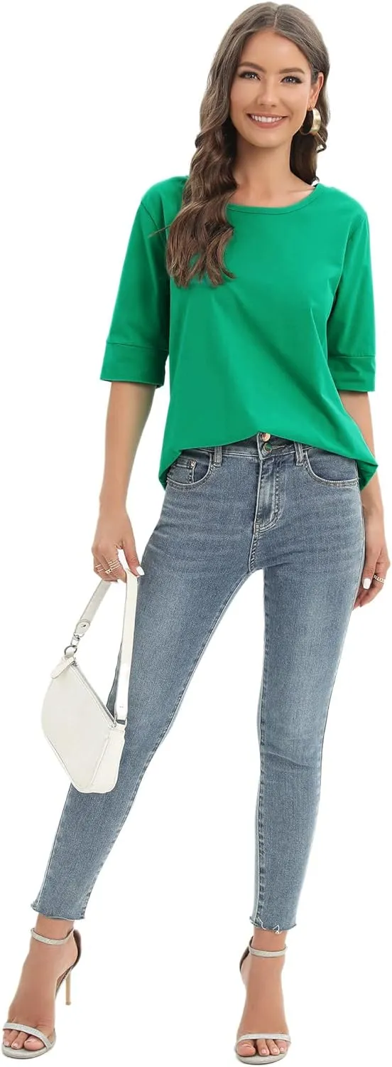 Women's Casual T Shirts Cotton Mid Sleeve Summer Basic Tunics Tee Tops Fashion