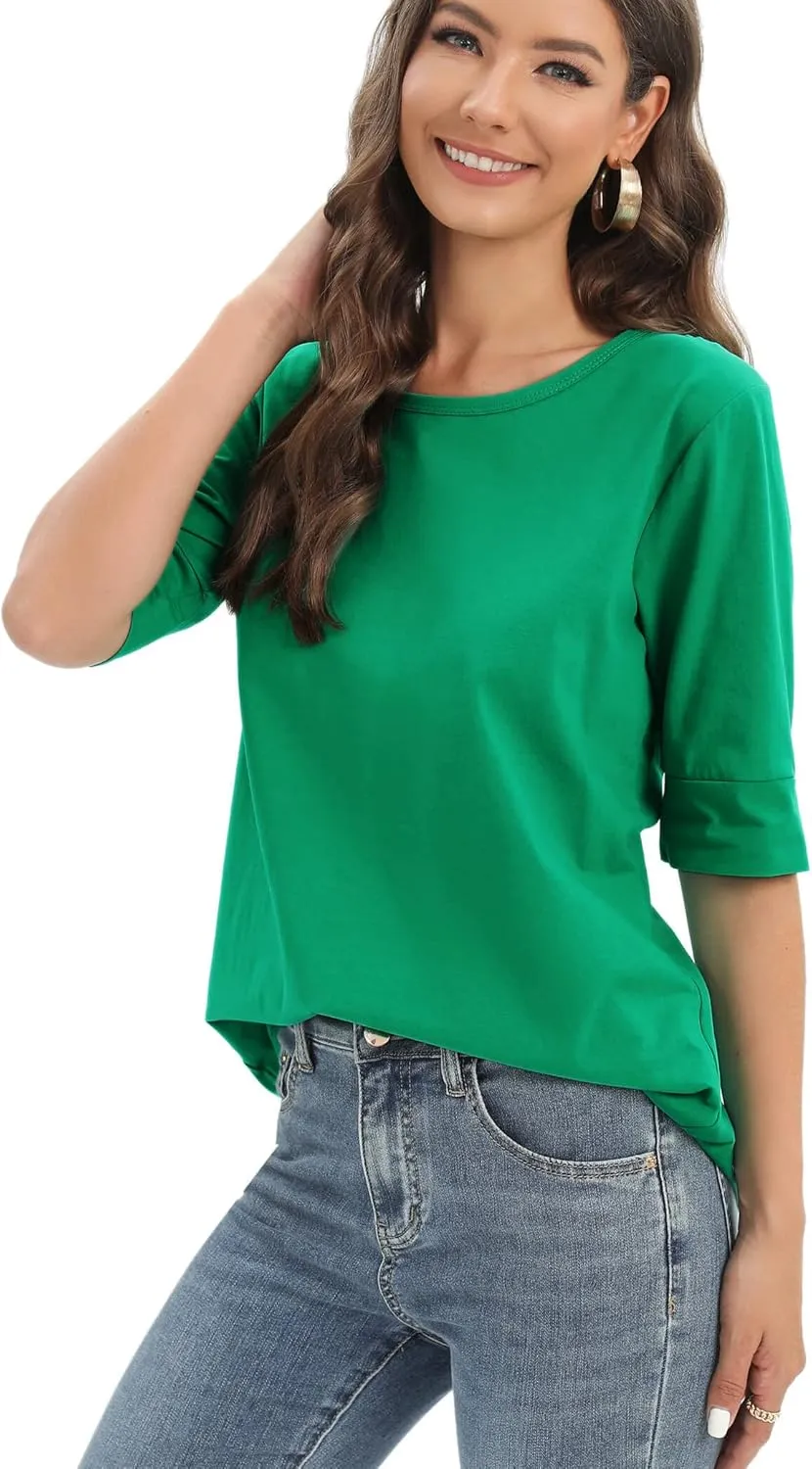 Women's Casual T Shirts Cotton Mid Sleeve Summer Basic Tunics Tee Tops Fashion