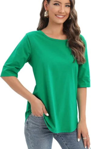 Women's Casual T Shirts Cotton Mid Sleeve Summer Basic Tunics Tee Tops Fashion