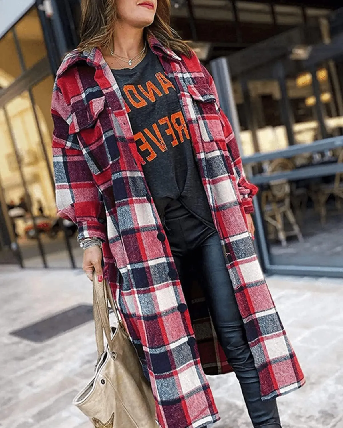 Womens Collared Faux Woolen Single Breasted Plaid Long Shirt Jacket Button Down Tartan Flannel Trench Coat
