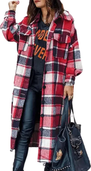 Womens Collared Faux Woolen Single Breasted Plaid Long Shirt Jacket Button Down Tartan Flannel Trench Coat