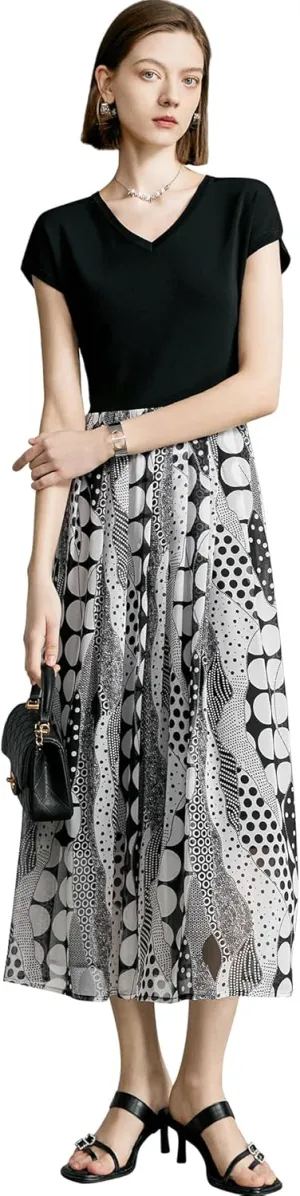 Women's Color Block V-Neck Geometric Print Chiffon Midi Dress with Pleated Skirt Elegant and Comfortable