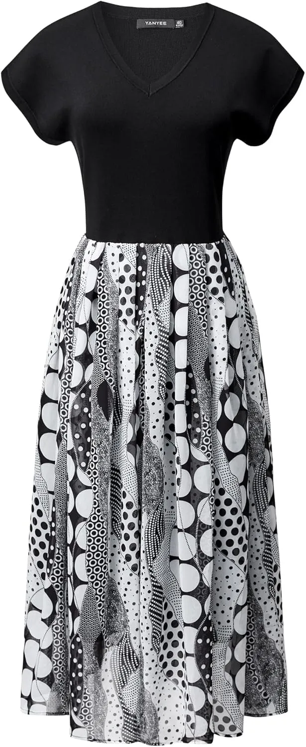 Women's Color Block V-Neck Geometric Print Chiffon Midi Dress with Pleated Skirt Elegant and Comfortable