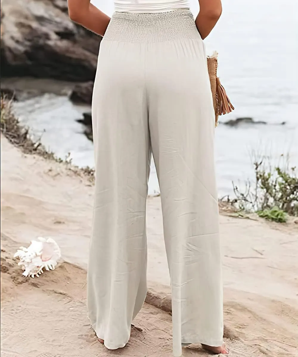 Womens Cotton Linen Pants Wide Leg High Waist Long Palazzo Trousers with Pocket