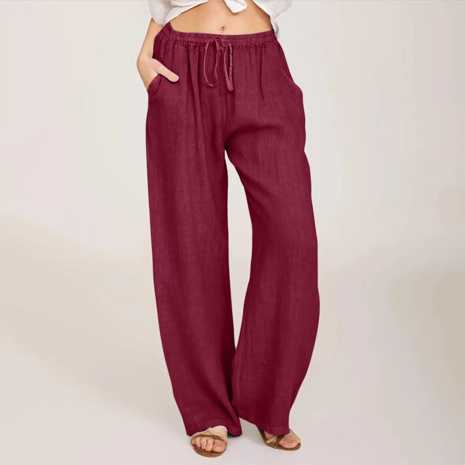 Women's Cotton Linen Summer Palazzo Pants Flowy Wide Leg Beach Trousers Wide Leg Dress Pants with Pockets