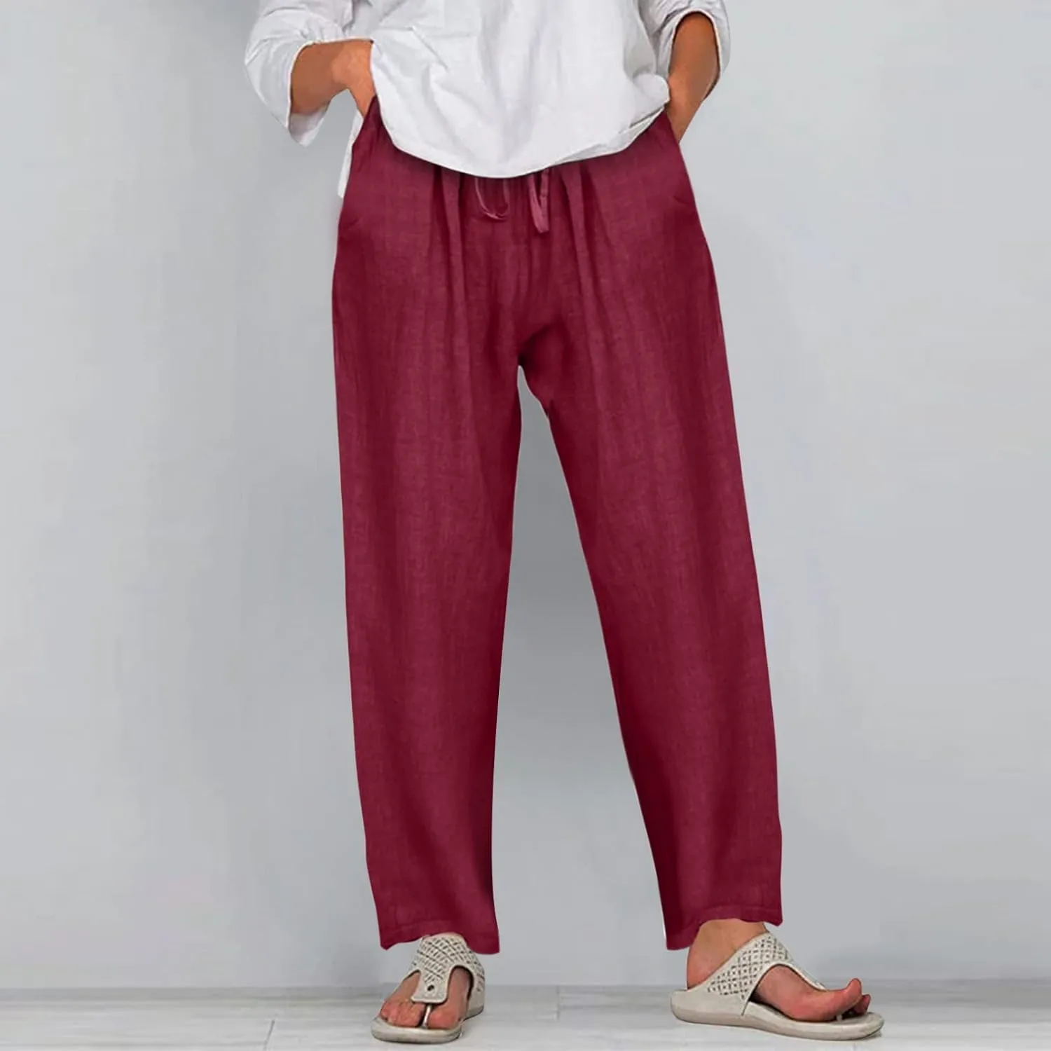 Women's Cotton Linen Summer Palazzo Pants Flowy Wide Leg Beach Trousers Wide Leg Dress Pants with Pockets