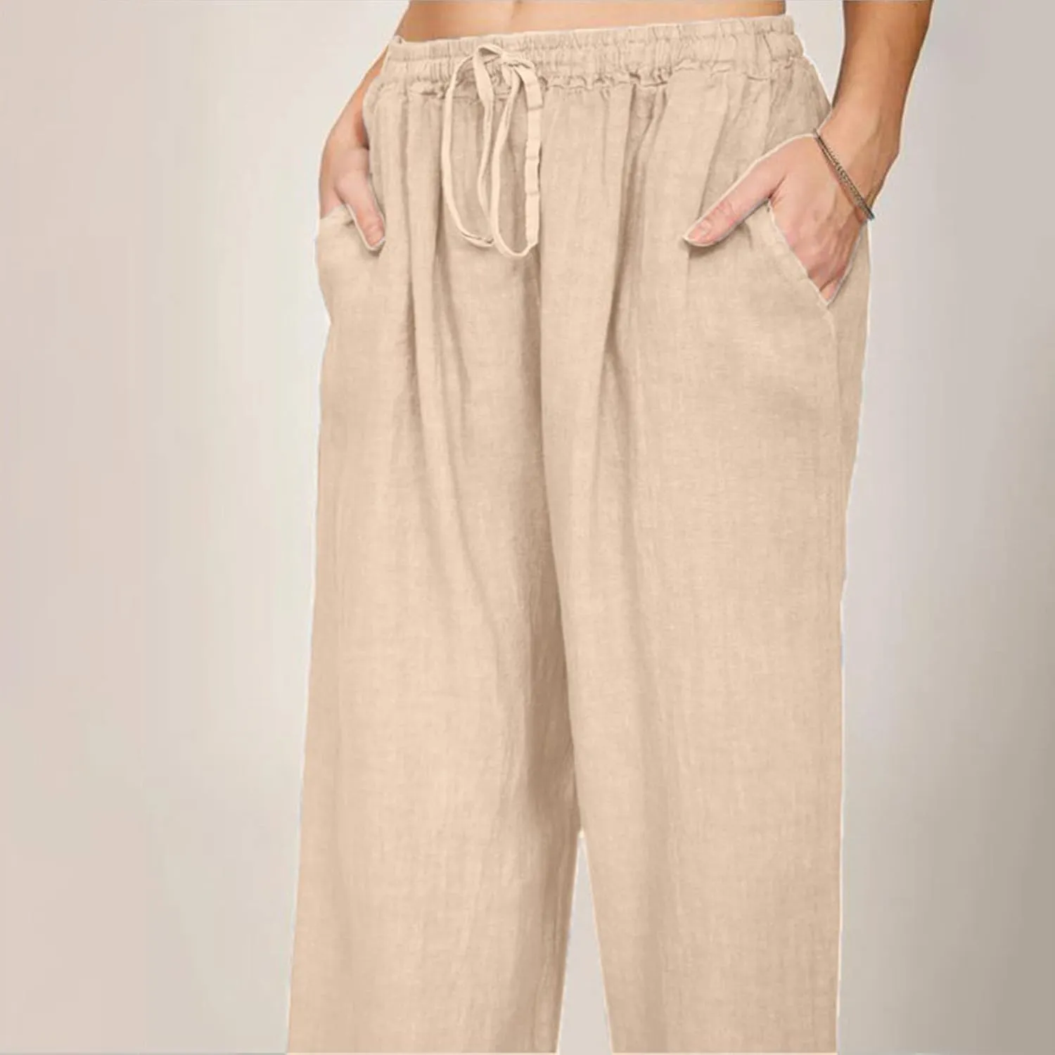 Women's Cotton Linen Summer Palazzo Pants Flowy Wide Leg Beach Trousers Wide Leg Dress Pants with Pockets