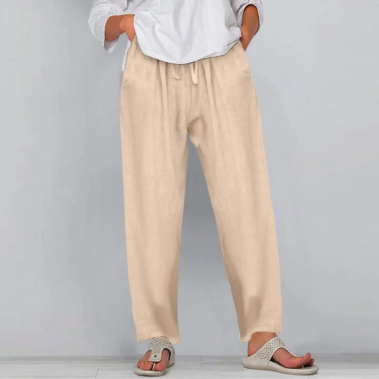 Women's Cotton Linen Summer Palazzo Pants Flowy Wide Leg Beach Trousers Wide Leg Dress Pants with Pockets