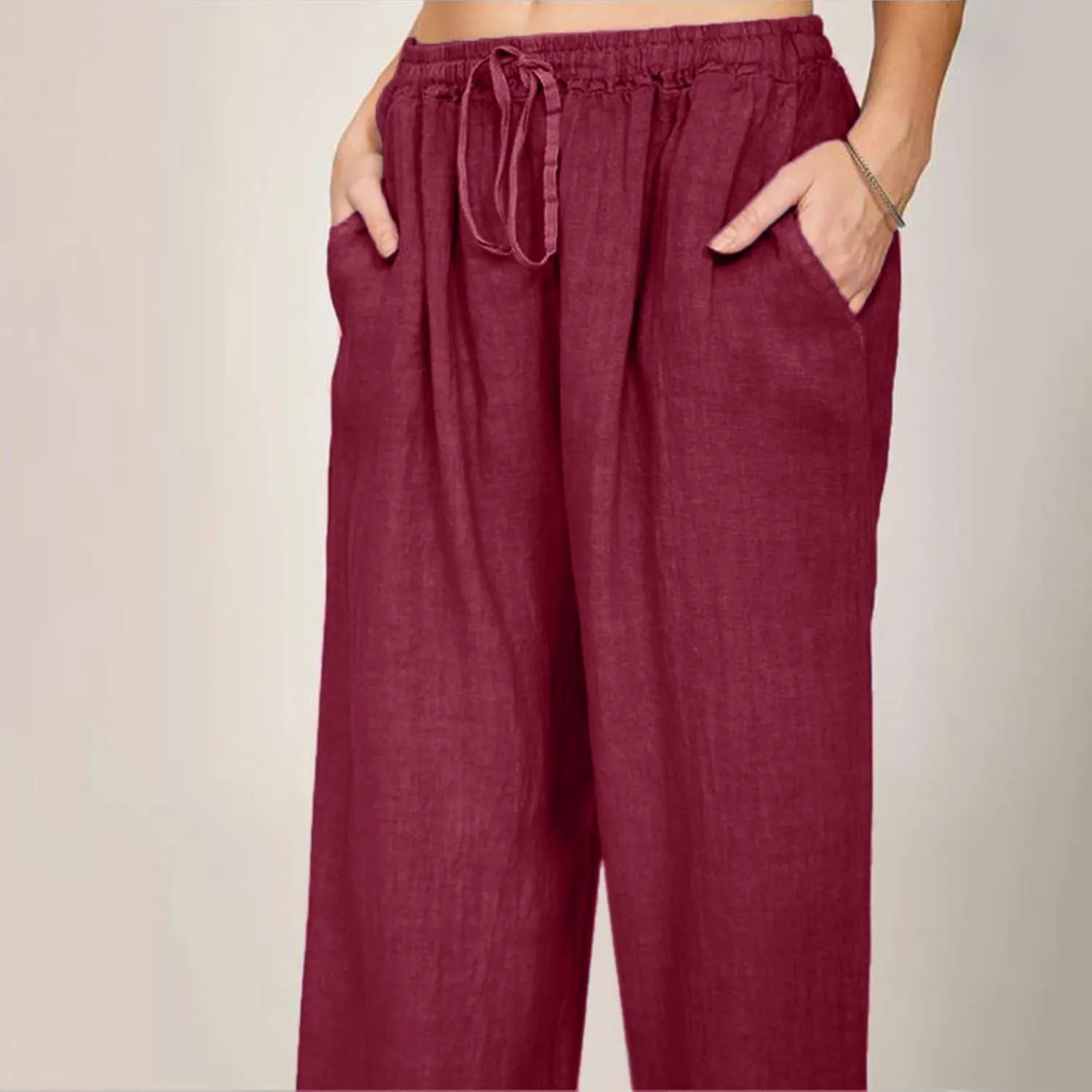 Women's Cotton Linen Summer Palazzo Pants Flowy Wide Leg Beach Trousers Wide Leg Dress Pants with Pockets