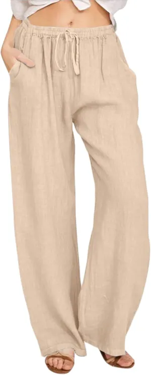 Women's Cotton Linen Summer Palazzo Pants Flowy Wide Leg Beach Trousers Wide Leg Dress Pants with Pockets