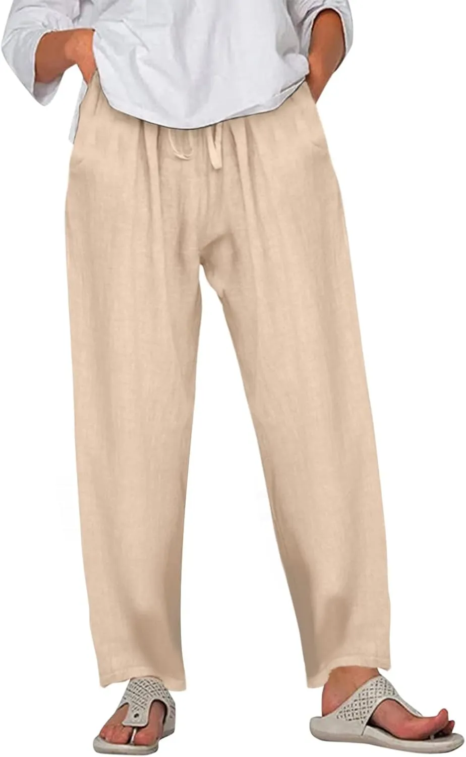 Women's Cotton Linen Summer Palazzo Pants Flowy Wide Leg Beach Trousers Wide Leg Dress Pants with Pockets