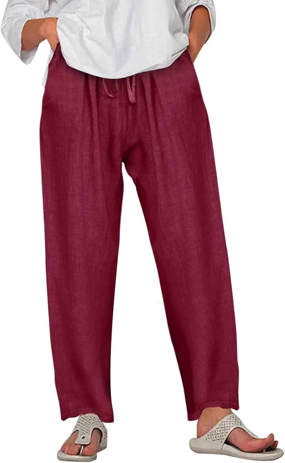 Women's Cotton Linen Summer Palazzo Pants Flowy Wide Leg Beach Trousers Wide Leg Dress Pants with Pockets