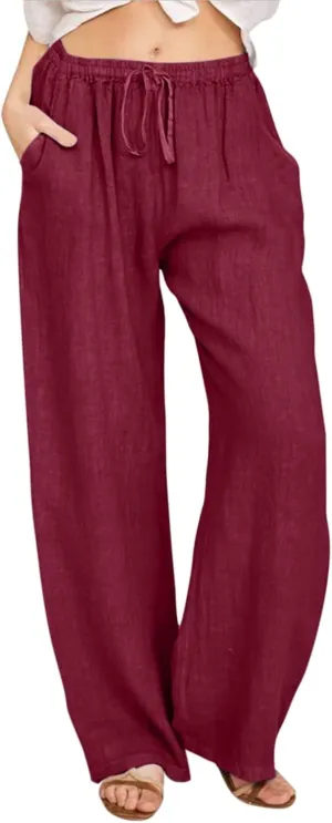 Women's Cotton Linen Summer Palazzo Pants Flowy Wide Leg Beach Trousers Wide Leg Dress Pants with Pockets