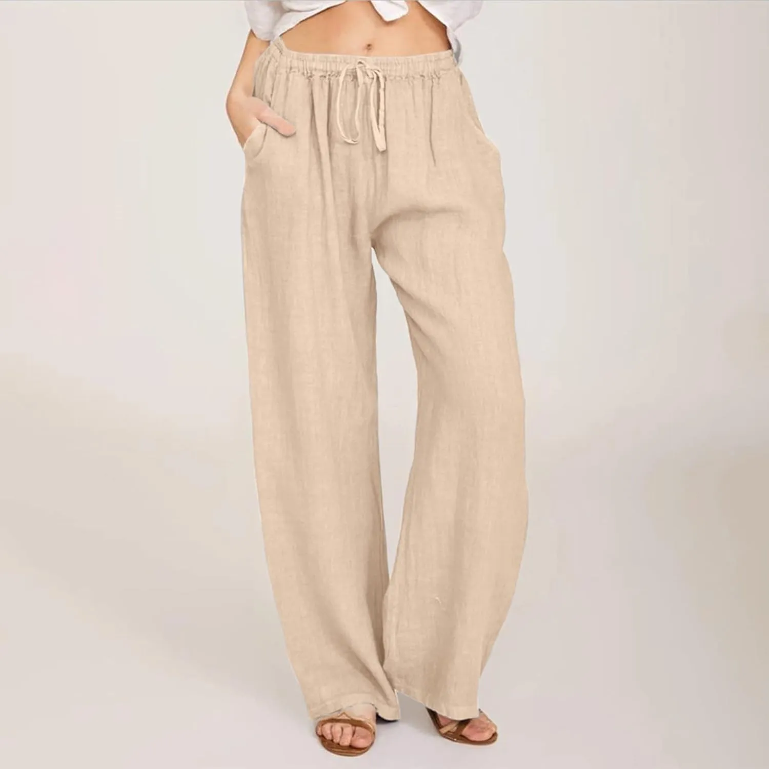 Women's Cotton Linen Summer Palazzo Pants Flowy Wide Leg Beach Trousers Wide Leg Dress Pants with Pockets