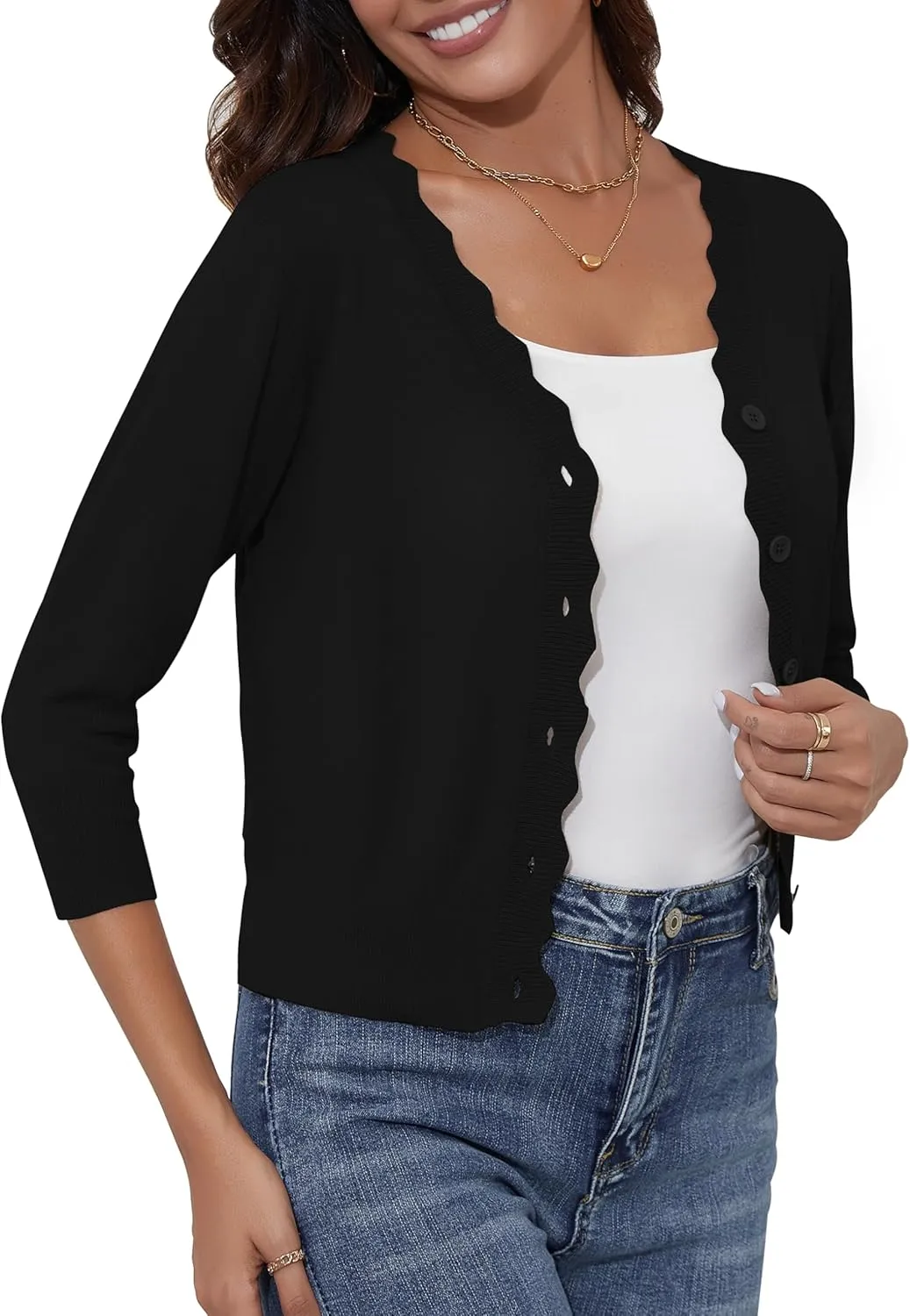 Women's Cropped Cardigans 3/4 Sleeve Button Down Lightweight Cardigan Sweaters Scalloped Edged Bolero Shrugs
