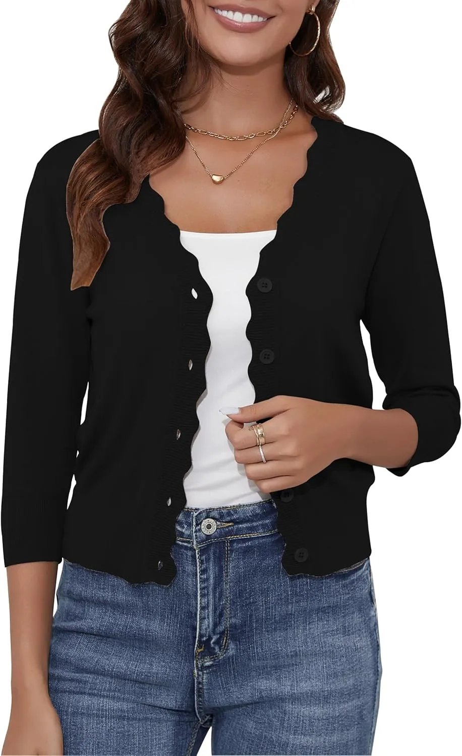 Women's Cropped Cardigans 3/4 Sleeve Button Down Lightweight Cardigan Sweaters Scalloped Edged Bolero Shrugs