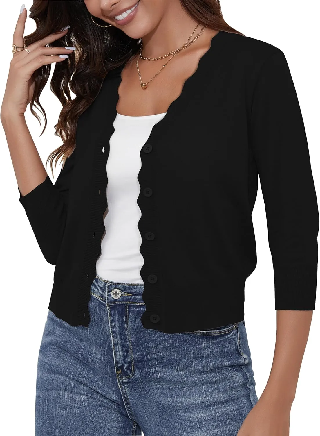 Women's Cropped Cardigans 3/4 Sleeve Button Down Lightweight Cardigan Sweaters Scalloped Edged Bolero Shrugs