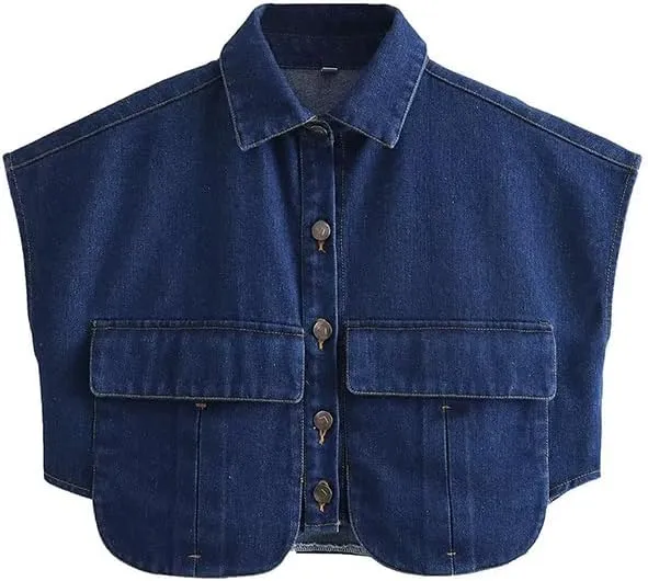 Women's Denim Cropped Jacket Summer Button Down Vest Sleeveless Going Out Tops