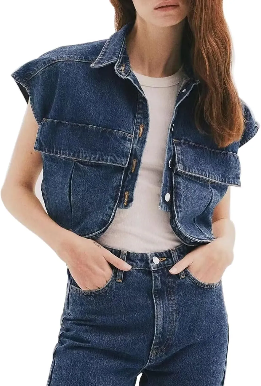 Women's Denim Cropped Jacket Summer Button Down Vest Sleeveless Going Out Tops