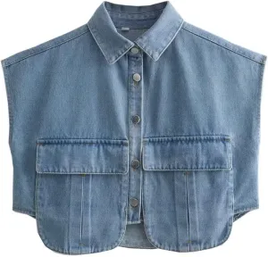 Women's Denim Cropped Jacket Summer Button Down Vest Sleeveless Going Out Tops
