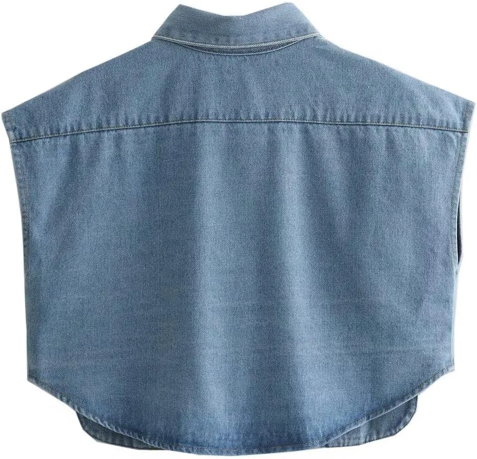 Women's Denim Cropped Jacket Summer Button Down Vest Sleeveless Going Out Tops