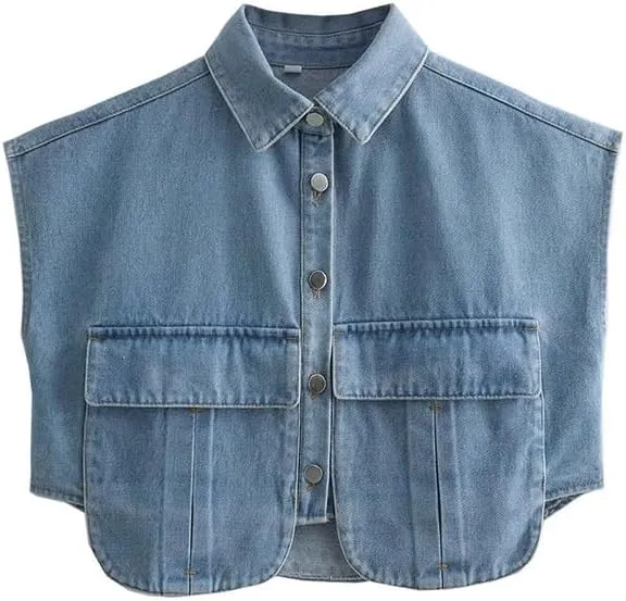 Women's Denim Cropped Jacket Summer Button Down Vest Sleeveless Going Out Tops