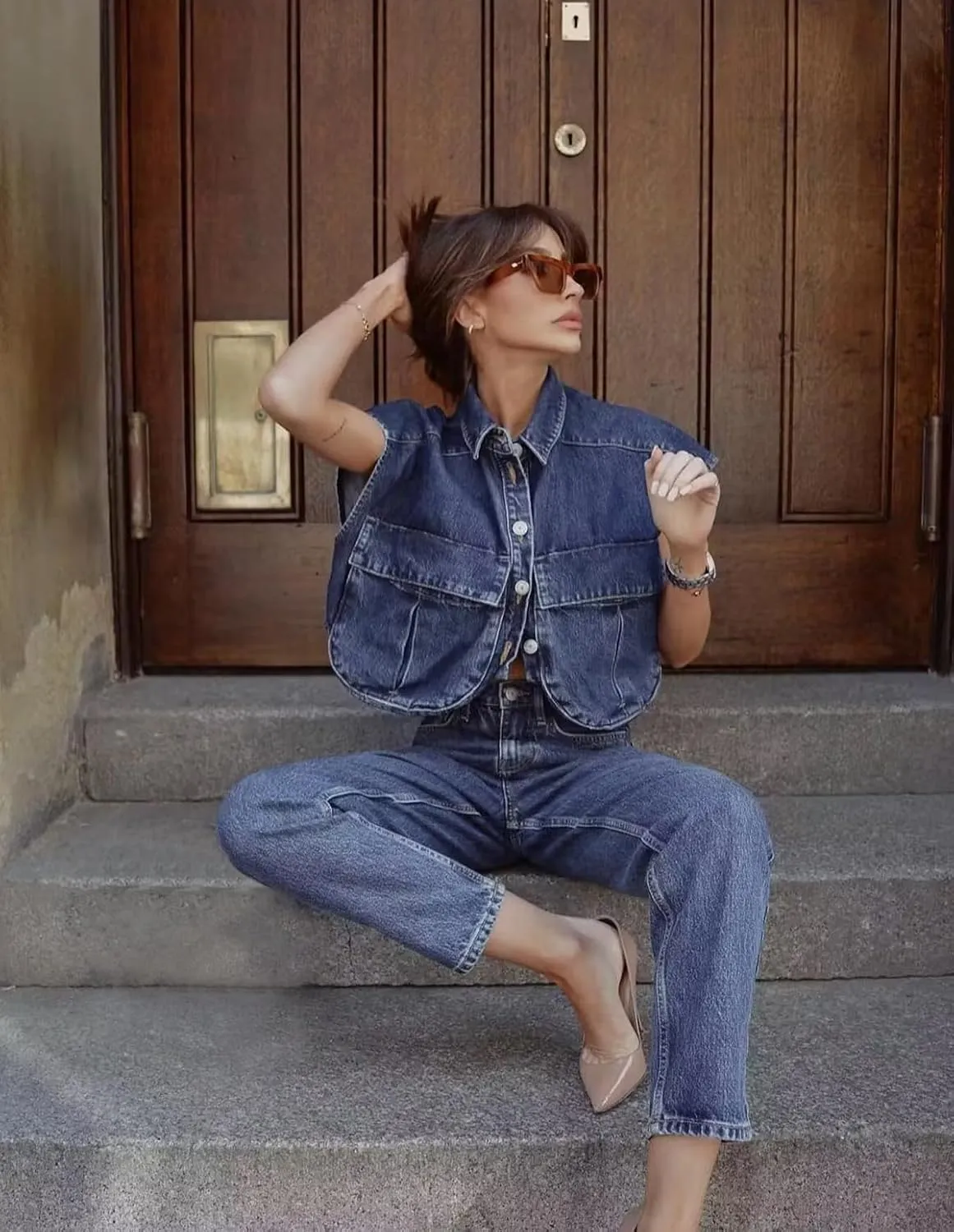 Women's Denim Cropped Jacket Summer Button Down Vest Sleeveless Going Out Tops