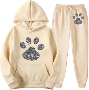 Women's Dog Paw Love Heart Rhinestone Graphic Oversized Sweatsuits Long Sleeve Hoodies Jogger Pants 2 Piece Outfits