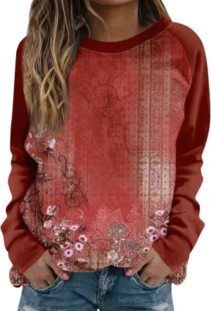 Womens Fall Fashion 2024 Floral Print Crewneck Vintage Sweatshirts Long Sleeve Plus Size Loose Fit Sweater Clothing