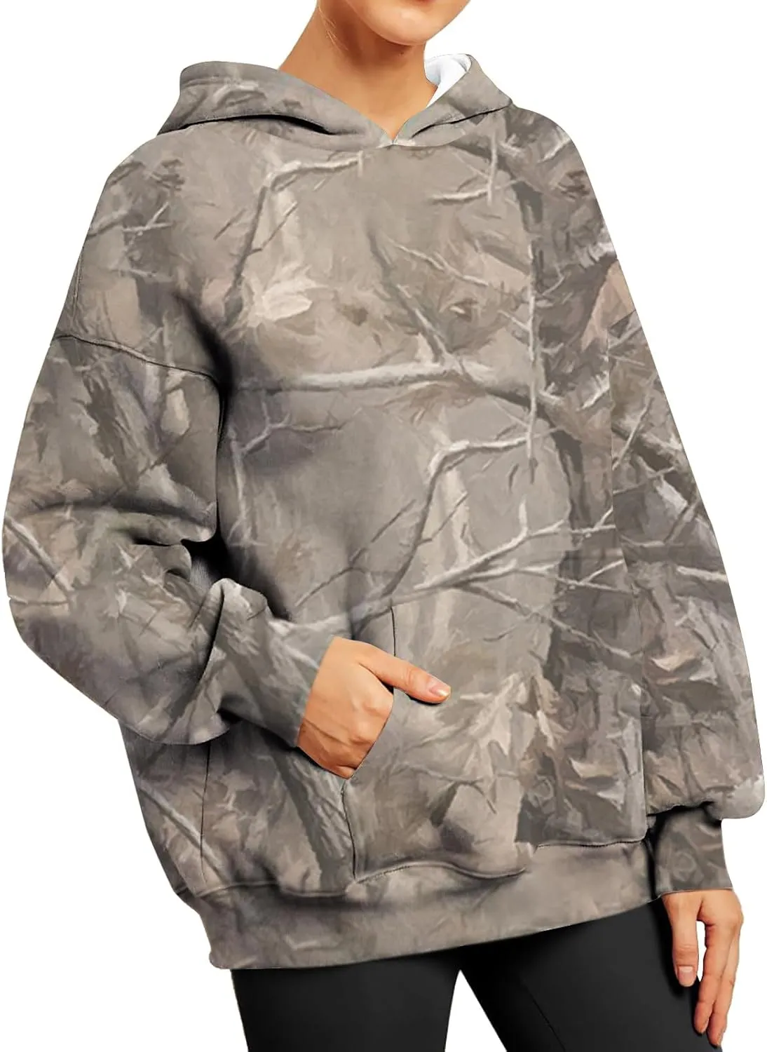 Women's Fall Outfits Camo Hoodie Maple-Leaf Print Vintage Sweatshirt Fleece Hooded Sweatshirt with Pockets
