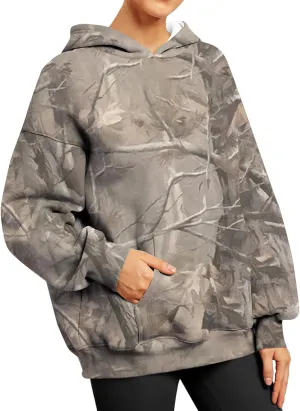 Women's Fall Outfits Camo Hoodie Maple-Leaf Print Vintage Sweatshirt Fleece Hooded Sweatshirt with Pockets