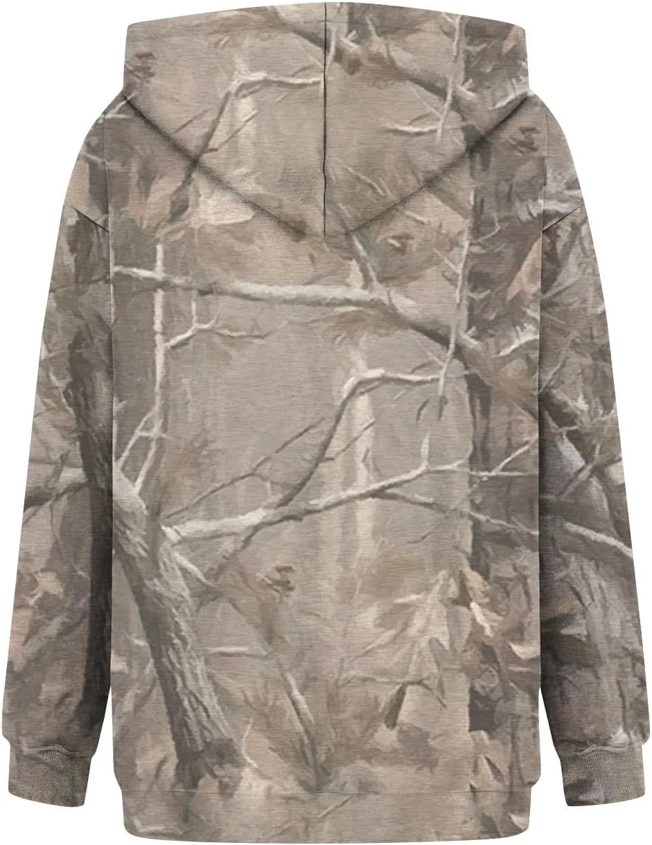 Women's Fall Outfits Camo Hoodie Maple-Leaf Print Vintage Sweatshirt Fleece Hooded Sweatshirt with Pockets