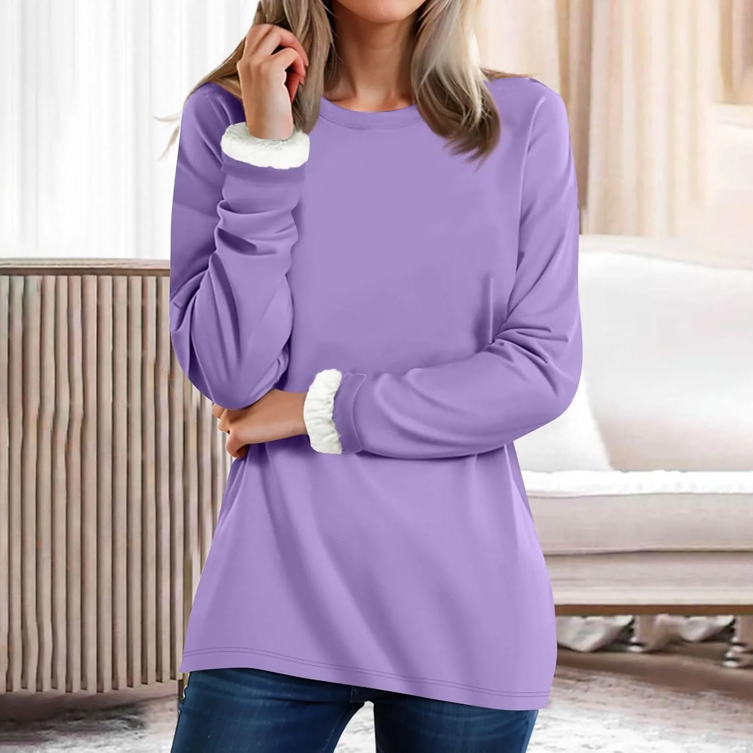 Womens Fleece Crewneck Sweatshirts Thermal Fleece Tops Round Neck Long Sleeve Pullover