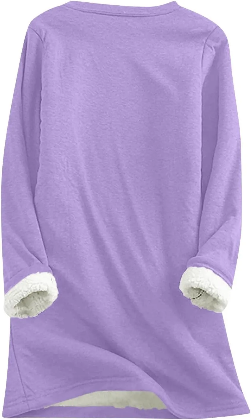 Womens Fleece Crewneck Sweatshirts Thermal Fleece Tops Round Neck Long Sleeve Pullover