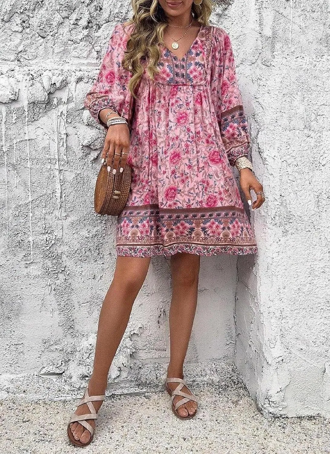 Women's Floral Print Boho Dress Long Sleeve Wrap V Neck Ruffle Belted A-Line Flowy Mini Dresses