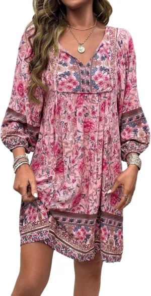 Women's Floral Print Boho Dress Long Sleeve Wrap V Neck Ruffle Belted A-Line Flowy Mini Dresses