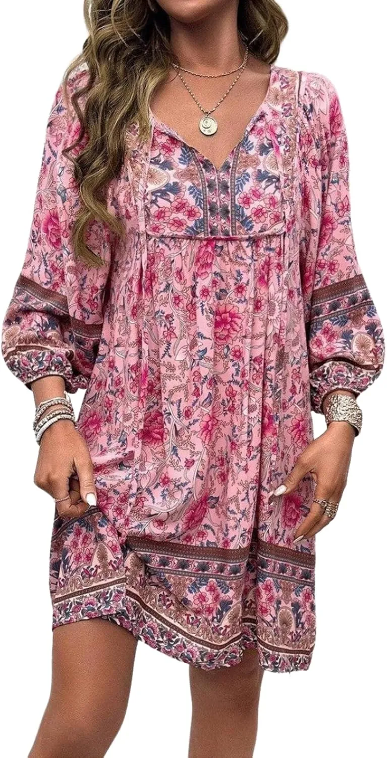 Women's Floral Print Boho Dress Long Sleeve Wrap V Neck Ruffle Belted A-Line Flowy Mini Dresses