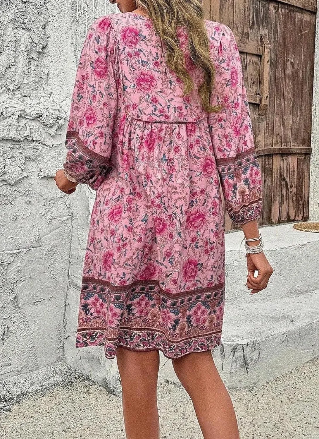 Women's Floral Print Boho Dress Long Sleeve Wrap V Neck Ruffle Belted A-Line Flowy Mini Dresses