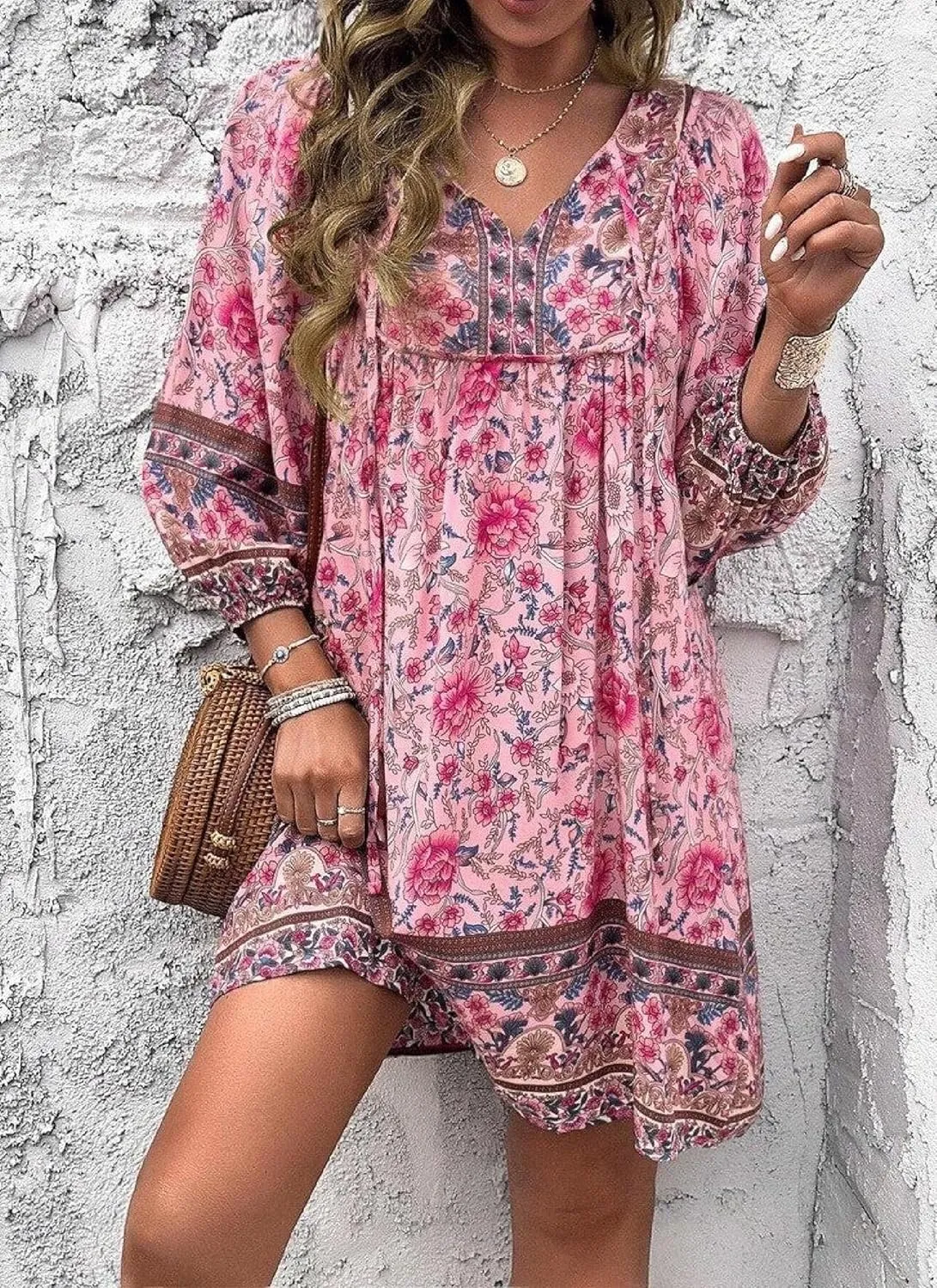 Women's Floral Print Boho Dress Long Sleeve Wrap V Neck Ruffle Belted A-Line Flowy Mini Dresses
