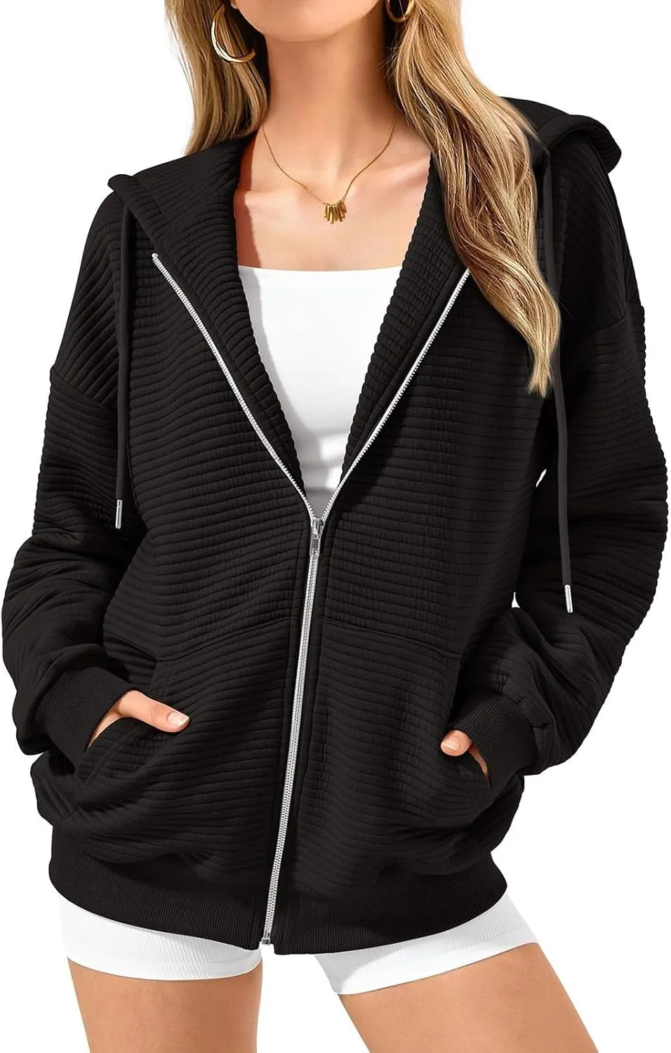 Womens Full Zip Up Hoodie Loose Fit Hooded Oversized Sweatshirt Casual Fall Long Sleeve Quilted Jackets with Pockets