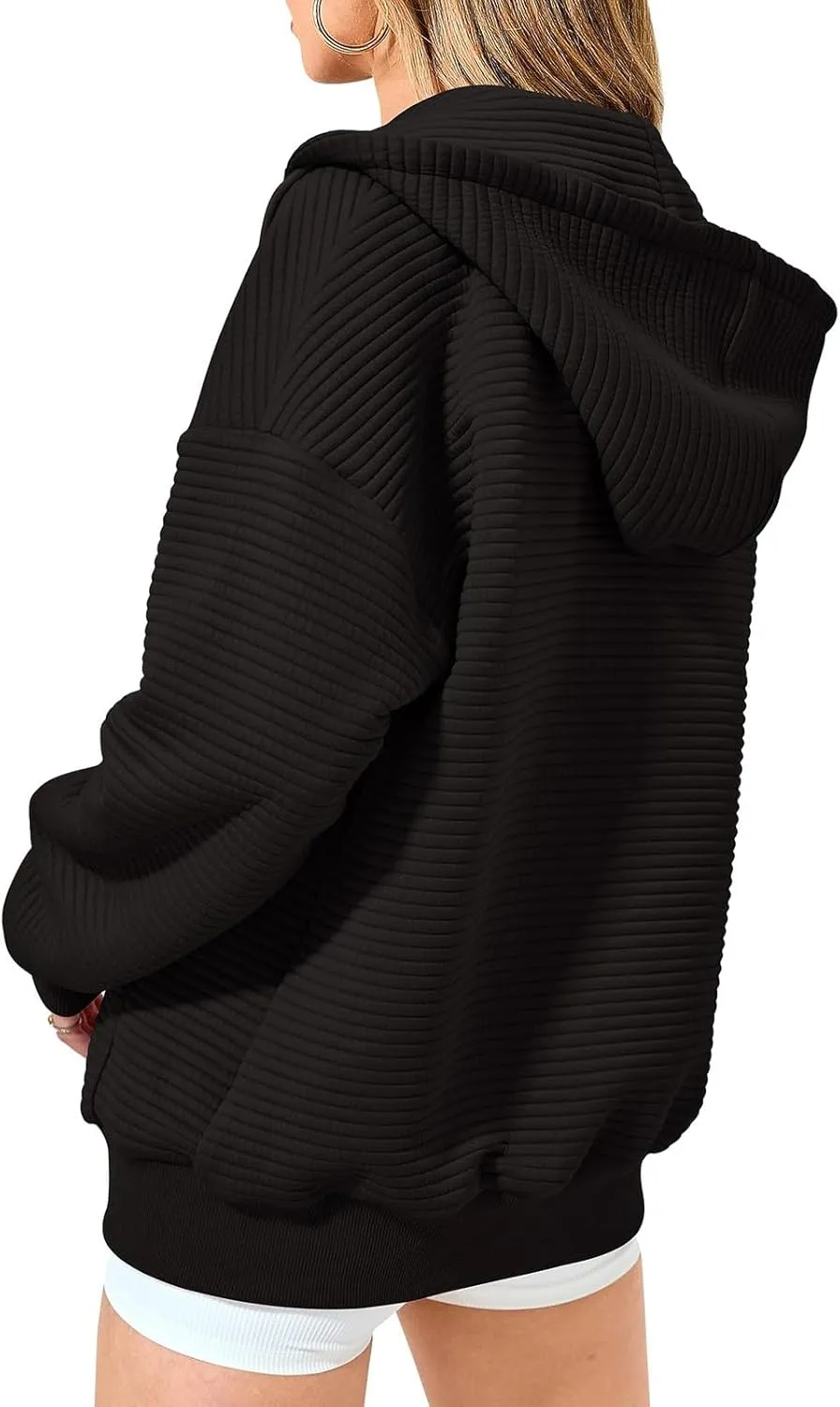 Womens Full Zip Up Hoodie Loose Fit Hooded Oversized Sweatshirt Casual Fall Long Sleeve Quilted Jackets with Pockets