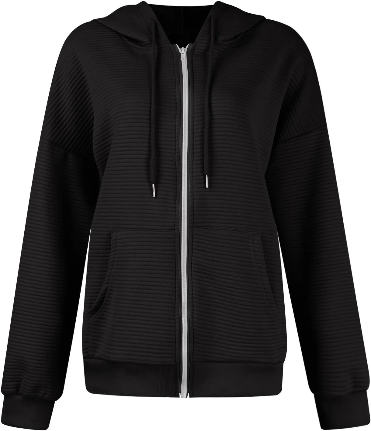 Womens Full Zip Up Hoodie Loose Fit Hooded Oversized Sweatshirt Casual Fall Long Sleeve Quilted Jackets with Pockets