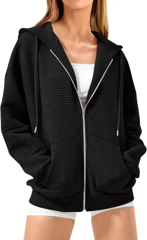 Womens Full Zip Up Hoodie Loose Fit Hooded Oversized Sweatshirt Casual Fall Long Sleeve Quilted Jackets with Pockets