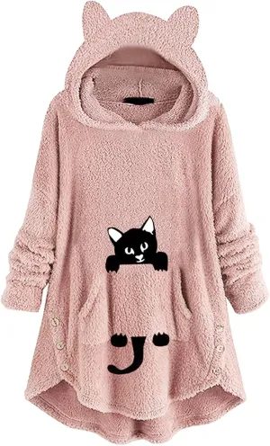 Women's Fuzzy Fleece Pullover Hoodie with Cat Ear Sherpa Oversized Hooded Sweatshirts Cute Pocket Winter Warm Coats
