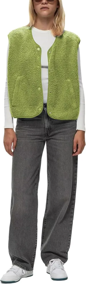 Womens Fuzzy Fleece Vest Casual Sleeveless Sherpa Jacket Warm Button Down Gilet Winter Outwear with Pockets