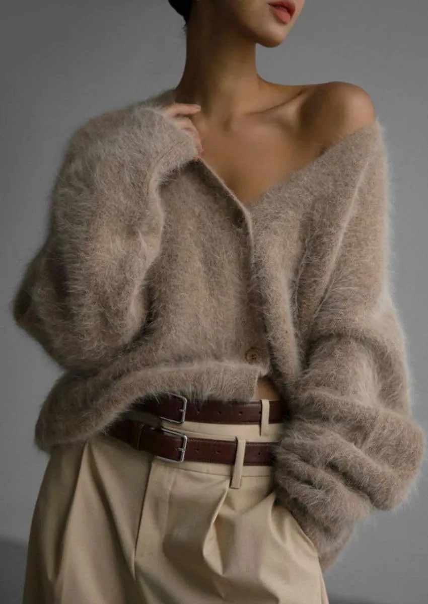 Women's Fuzzy Knit Cardigan Button Down Long Sleeve V Neck Furry Sweater Coat Slouchy Loose Cardigans Outwear