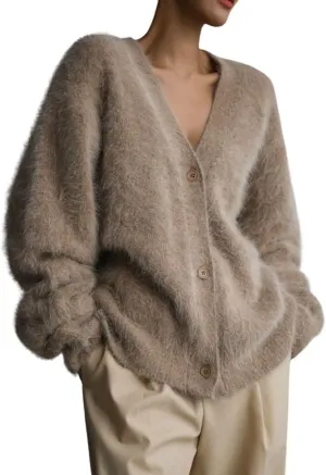 Women's Fuzzy Knit Cardigan Button Down Long Sleeve V Neck Furry Sweater Coat Slouchy Loose Cardigans Outwear