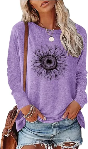 Women's Graphic T Shirts Long Sleeve Tees Sunflower Crewneck Casual Loose Fall Tunic Tops