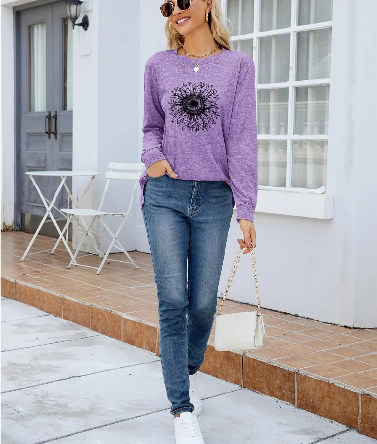 Women's Graphic T Shirts Long Sleeve Tees Sunflower Crewneck Casual Loose Fall Tunic Tops