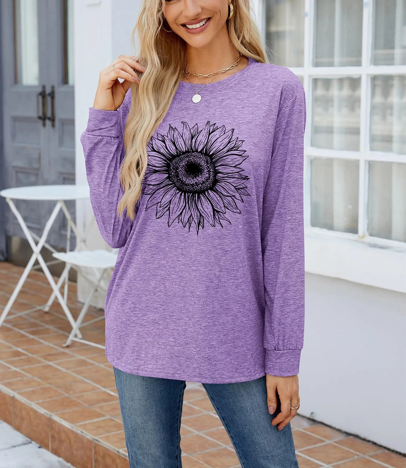 Women's Graphic T Shirts Long Sleeve Tees Sunflower Crewneck Casual Loose Fall Tunic Tops